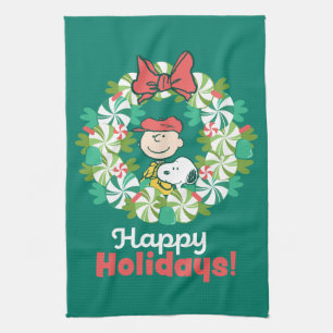 Happy Holidays Peppermint Candy Wreath Tea Towel