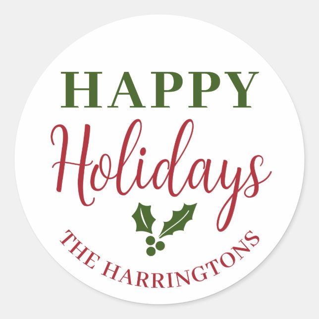 Happy Holidays Personalise Family Name Classic Round Sticker (Front)