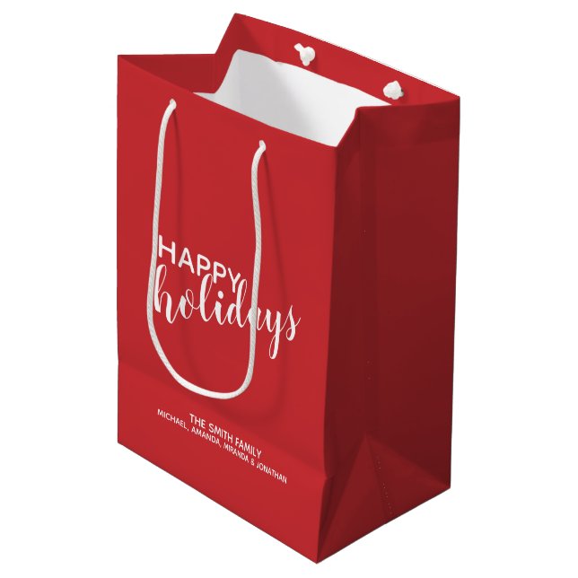'Happy Holidays' Personalised Family Name Red Medium Gift Bag (Front Angled)