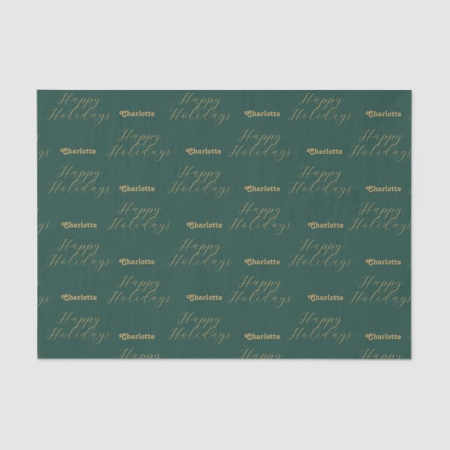 Happy Holidays Personalised Name Traditional Green Tissue Paper (Front)