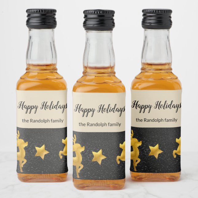 Happy Holidays Personalized Gold Reindeer Liquor Bottle Label (Bottles)