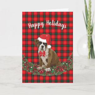 Happy Holidays Pet Boxer Puppy Plaid Santa Hat Holiday Card