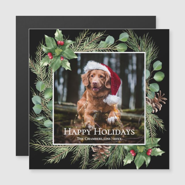 Happy Holidays Pet Photo Wreath Magnetic Card (Front/Back)