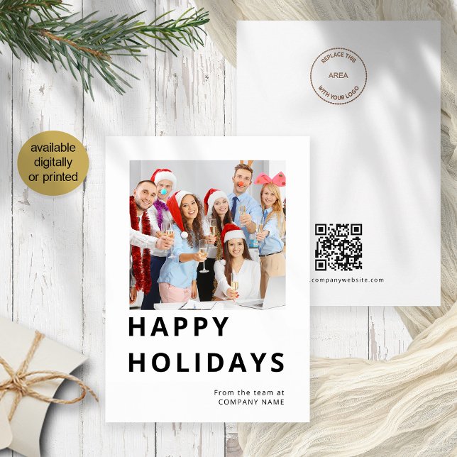 Happy Holidays Photo Business Logo QR Christmas Holiday Card (Front and back view)