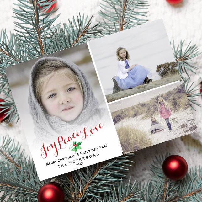 Happy Holidays Photo Collage Holly Joy Peace Love Holiday Card (Creator Uploaded)