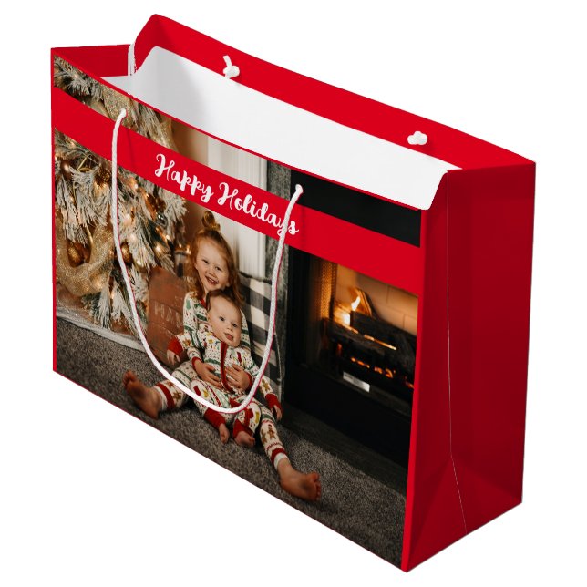 Happy Holidays Photo Collage Red Christmas  Large Gift Bag (Front Angled)
