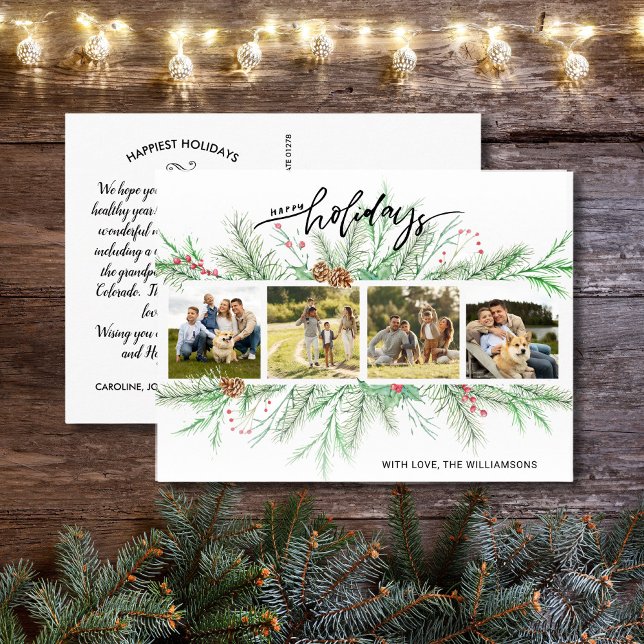 Happy Holidays Photo Collage Woodland Pine Boughs  Postcard (Creator Uploaded)