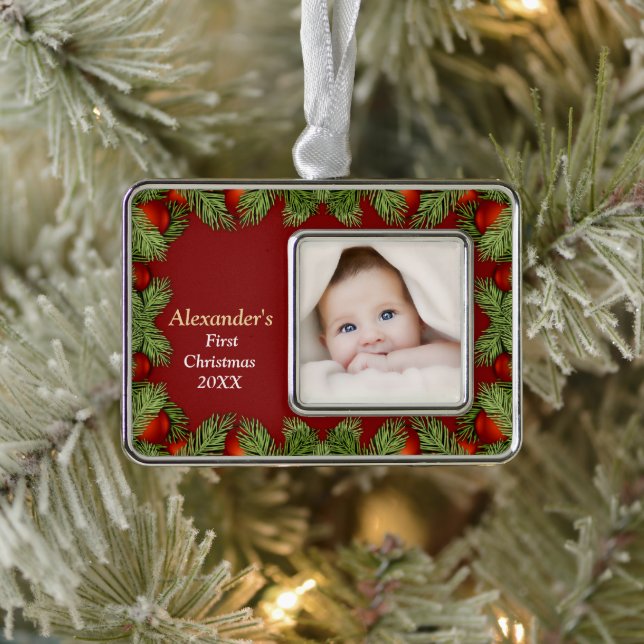  Happy Holidays Photo Family Baby First  Silver Plated Framed Ornament (Tree)
