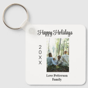 Happy holidays photo family name year calligraphy  key ring