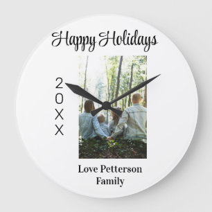 Happy holidays photo family name year calligraphy large clock