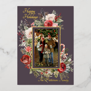 Happy Holidays Photo Floral Foil Holiday Card