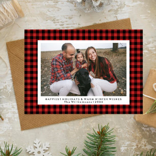 Happy Holidays Photo Fun Buffalo Check Plaid Holiday Card