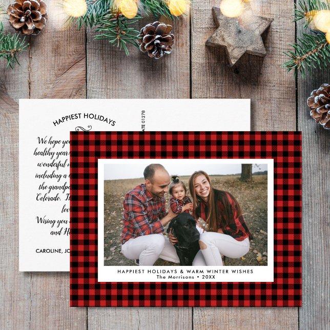 Happy Holidays Photo Fun Buffalo Check Plaid Postcard (Creator Uploaded)