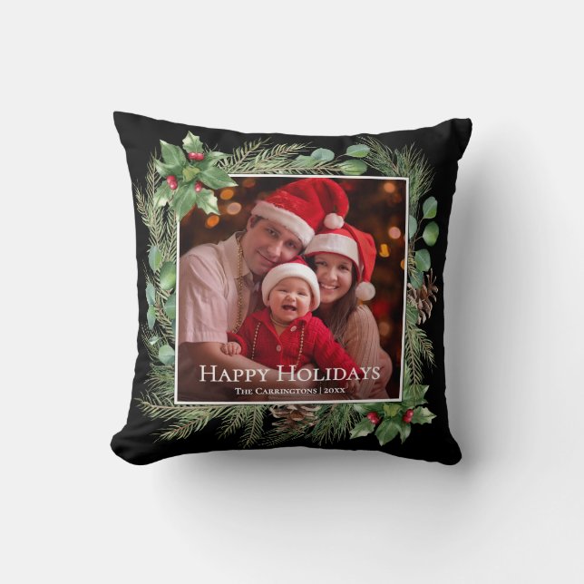 Happy Holidays Photo Greenery Square Cushion (Front)