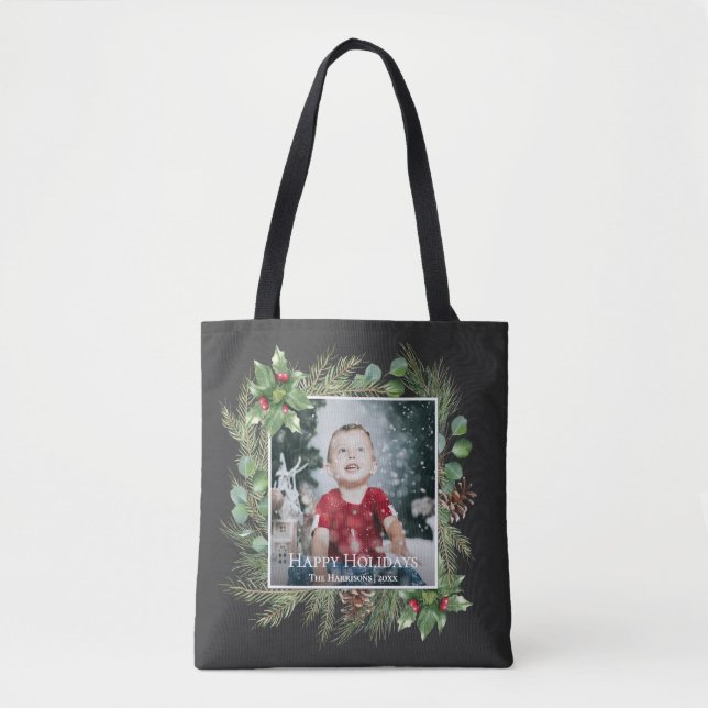 Happy Holidays Photo Greenery  Tote Bag (Front)