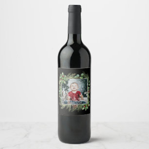 Happy Holidays Photo Greenery  Wine Label