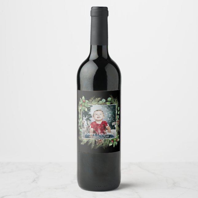 Happy Holidays Photo Greenery  Wine Label (Front)