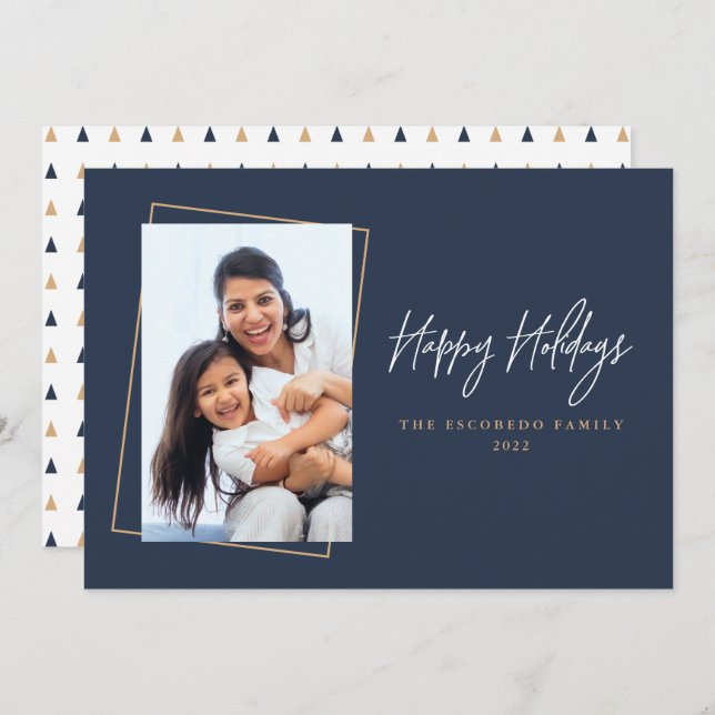 Happy Holidays Photo Minimalist Navy Gold Holiday  (Front/Back)
