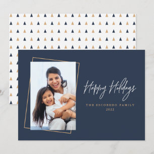 Happy Holidays Photo Minimalist Navy Gold Holiday  Card