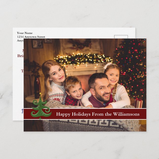 Happy Holidays Photo Modern Green Christmas Tree Postcard (Front/Back)