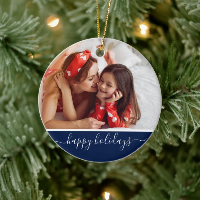 Happy Holidays Photo Modern Navy Blue Monogram Ceramic Tree Decoration (Tree)