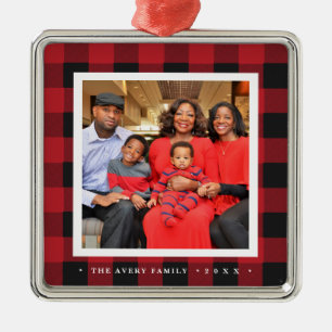 Happy Holidays Photo Plaid Christmas Metal Tree Decoration