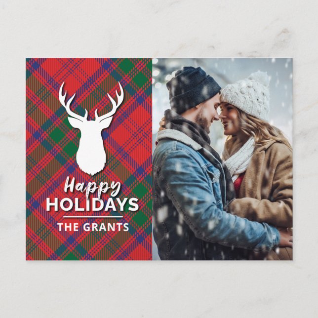 Happy Holidays Photo Red Green Plaid Tartan Holiday Postcard (Front)
