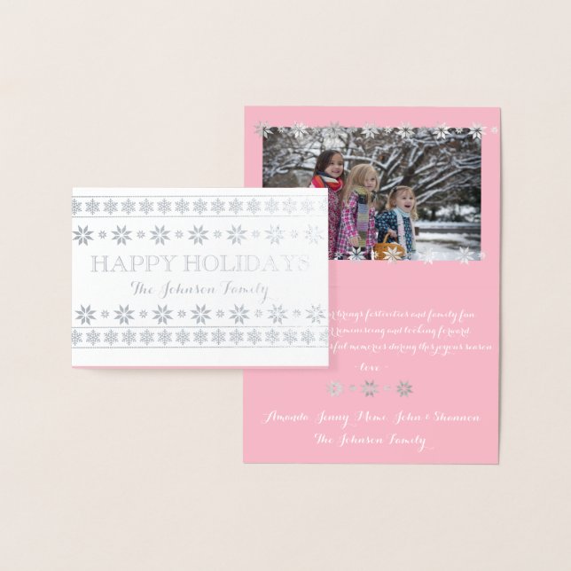Happy Holidays Photo Snow Pink White Scandynavian Foil Card (Display)