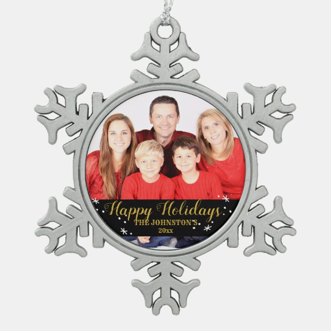 Happy Holidays Photo Snowflake Pewter Christmas Ornament (Front)