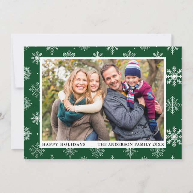 Happy Holidays Photo Snowflakes Green Holiday Card (Front)