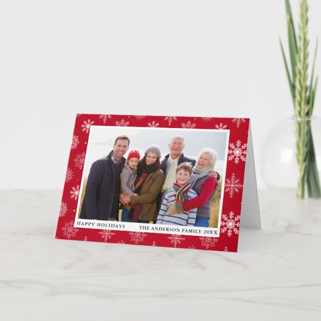 Happy Holidays Photo Snowflakes Red Folded Holiday Card (Front)