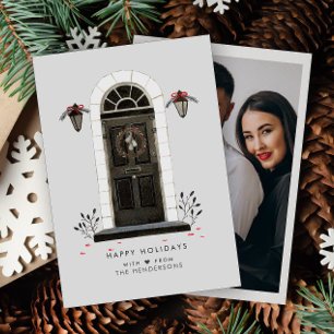 Happy Holidays Photo Watercolor Front Door  Holiday Card
