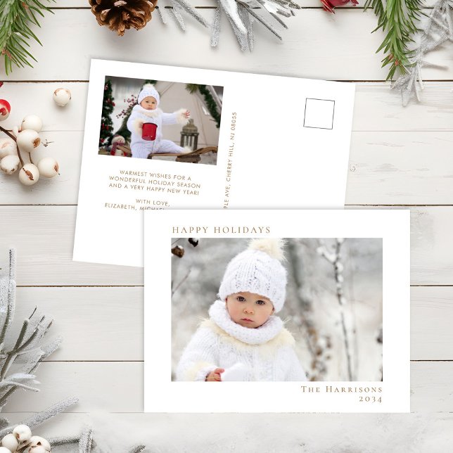 Happy Holidays Photo White Gold Christmas Holiday Postcard (Creator Uploaded)