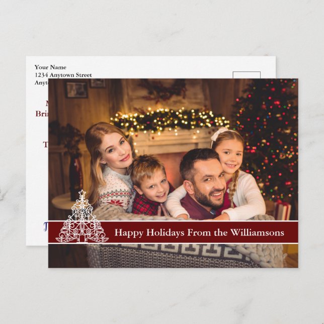 Happy Holidays Photo White Outline Christmas Tree Postcard (Front/Back)