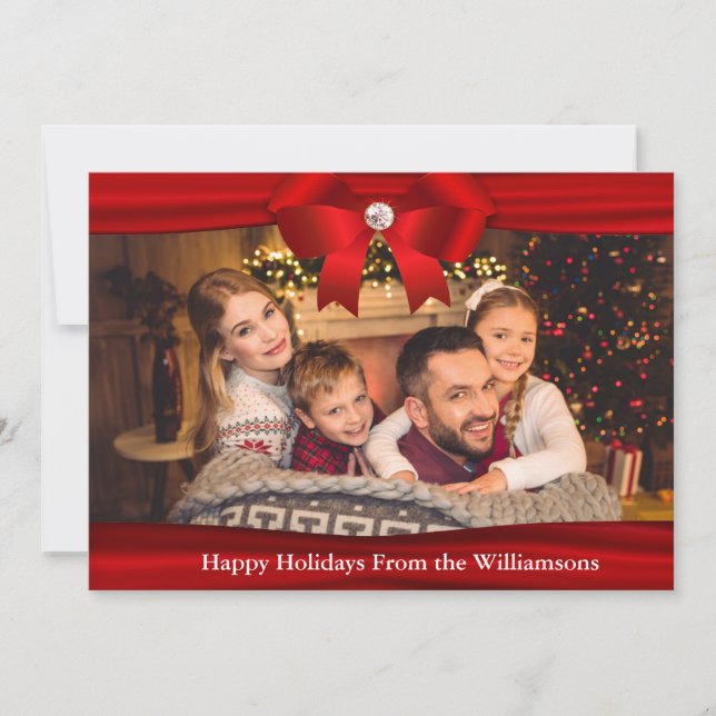 Happy Holidays Photo Wrapped in Red Ribbon Holiday Card (Front)