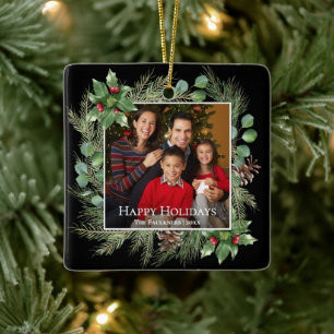 Happy Holidays Photo Wreath Greenery Ceramic Ornament