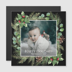 Happy Holidays Photo Wreath Greenery Magnetic Card