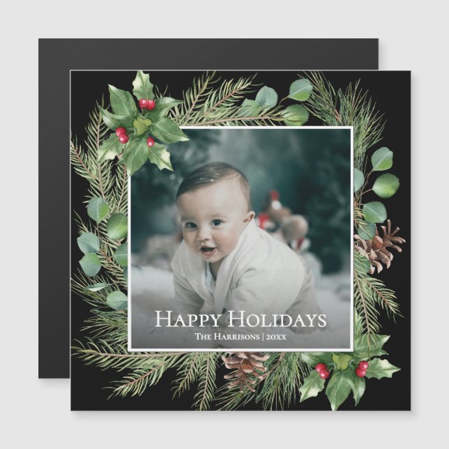 Happy Holidays Photo Wreath Greenery Magnetic Card (Front/Back)