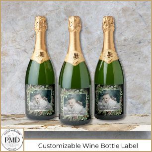 Happy Holidays Photo Wreath Greenery  Sparkling Wine Label