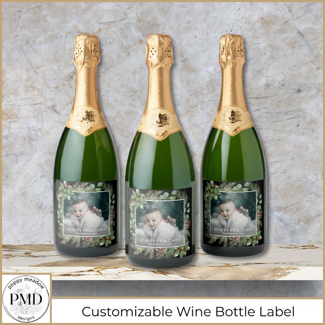 Happy Holidays Photo Wreath Greenery  Sparkling Wine Label (Happy Holidays Photo Wreath Greenery Botanical Sparkling Wine Label with Name, Date, Baby Photo.)