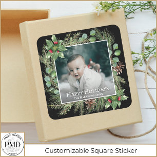 Happy Holidays Photo Wreath Greenery Square Sticker