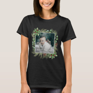 Happy Holidays Photo Wreath Greenery T-Shirt