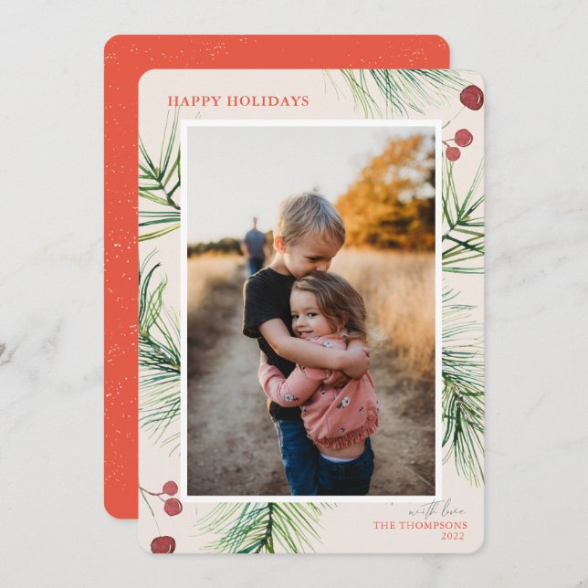 Happy Holidays Pine Berries Coral Photo  Holiday Card (Front/Back)