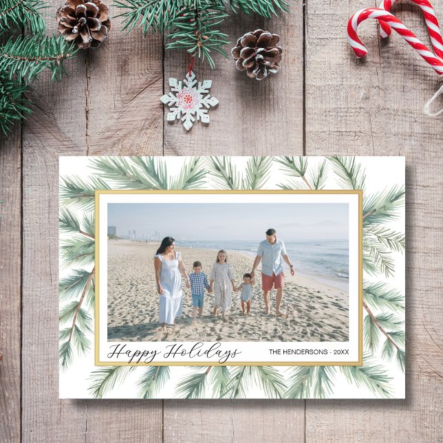 Happy Holidays Pine Bough Frame Photo Collage Holiday Card (Creator Uploaded)