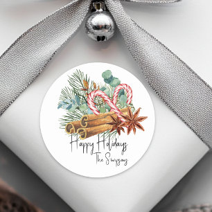 Happy Holidays Pine Candy Cane Bouquet  Classic Round Sticker