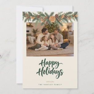 Happy Holidays Pine Garland Family Photo Card