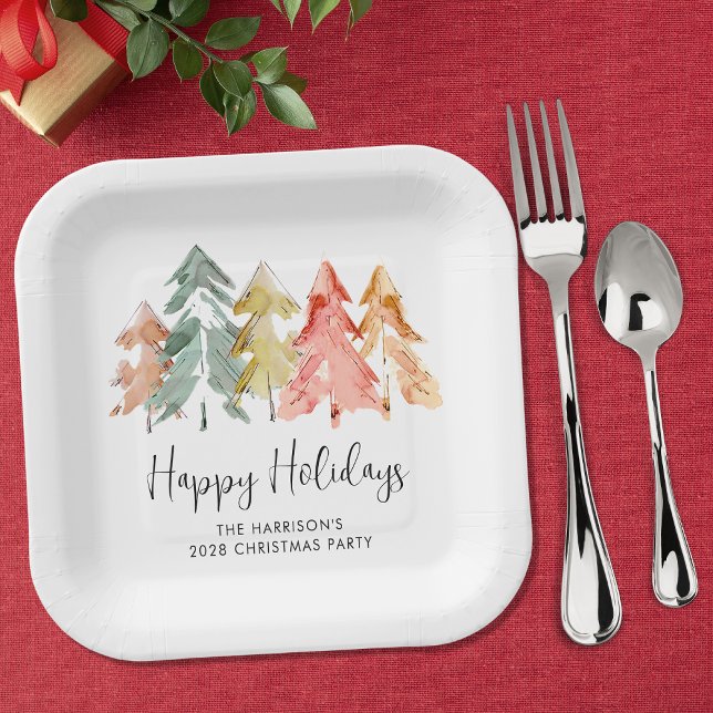 Happy Holidays Pine Trees Christmas Party Paper Plate (Creator Uploaded)
