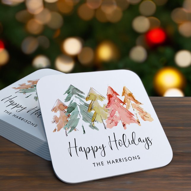 Happy Holidays Pine Trees Watercolor Christmas Square Paper Coaster (Creator Uploaded)