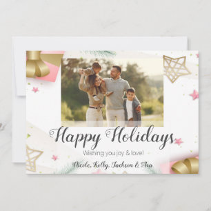 Happy Holidays Pink and Gold Photo & Custom Text Holiday Card