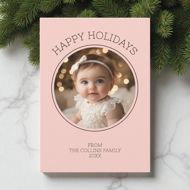 Happy Holidays Pink Baby Photo Modern Christmas Holiday Card (Happy Holidays Pink Baby Photo Modern Christmas Holiday Card)